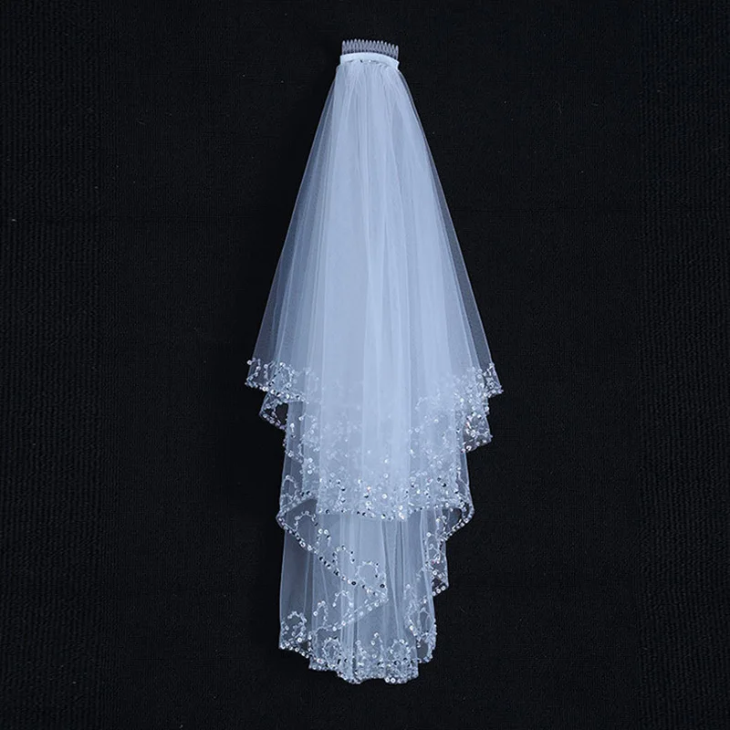 

2 Tiers Wedding Bridal Veil With Comb Decorated With Handmade beaded Length 60-80CM Ivory White Color