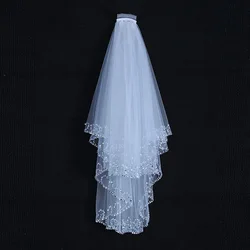 2 Tiers Bruiloft Bruidssluier Met Kam Versierd Met Handgemaakte Kralenlengte 60-80Cm Ivoorwitte Kleur