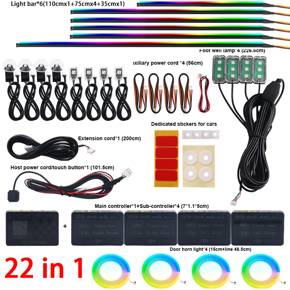 Dual Zone 18 in 1 Full Color Streamer Auto Omgevingslicht RGB 64 kleuren LED Interieur Acrylvezel Strip Decoratie Sfeerlamp