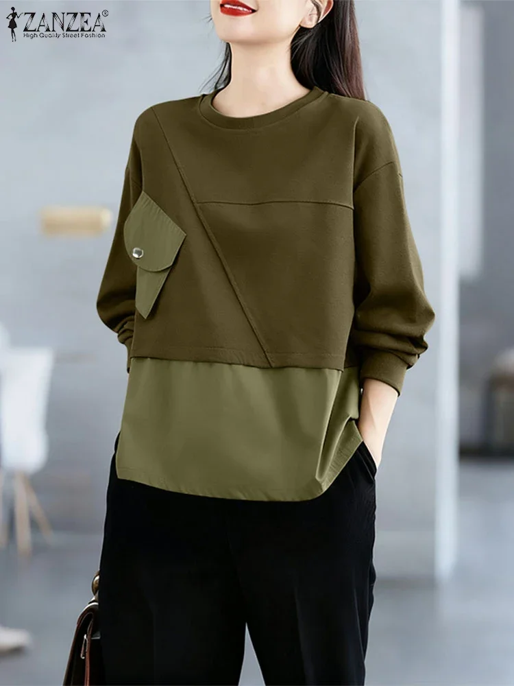 Solid Long Sleeve Sweatshirts Autumn Women Hoodies ZANZEA 2025 Fashion O-Neck Casual Loose Pullovers Patchwork Pockets Outwears - Image 3
