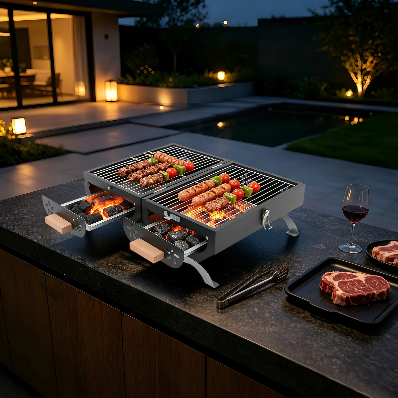 Carbon Steel Outdoor Charcoal Grill, Tabletop Barbecue Cooker, Portable BBQ Grilling Machine Adjustable Vent With Pull-out Charcoal Drawer For 6-8 People Camping Picnic Backyard Beach Party