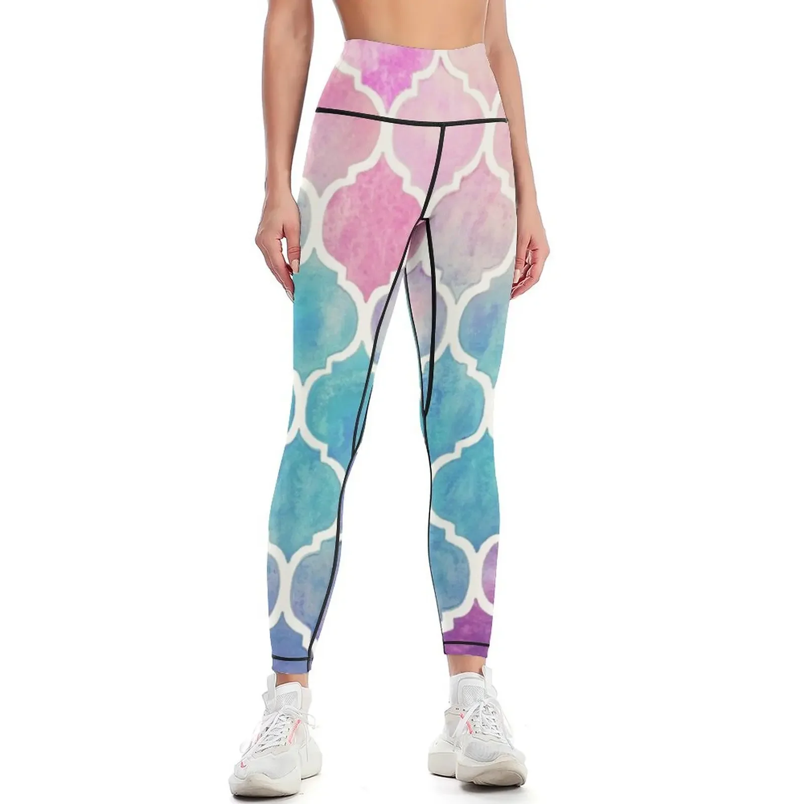 

Радужные пастельные акварельные леггинсы с марокканским узором, спортивные брюки с эффектом пуш-ап, шаровары с высокой талией, женские леггинсы