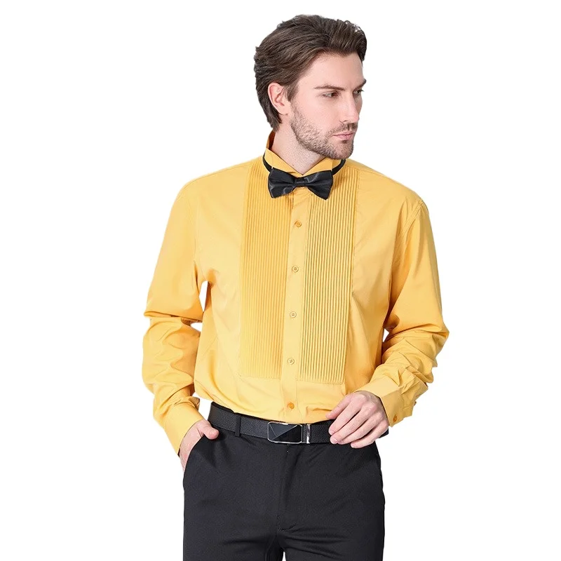 

Men's White Dress Shirts Solid Color Tops & Tees Quality Trendy Wedding Tuxedo Shirt Swallow Neck Bridesman Bridegroom Clothing