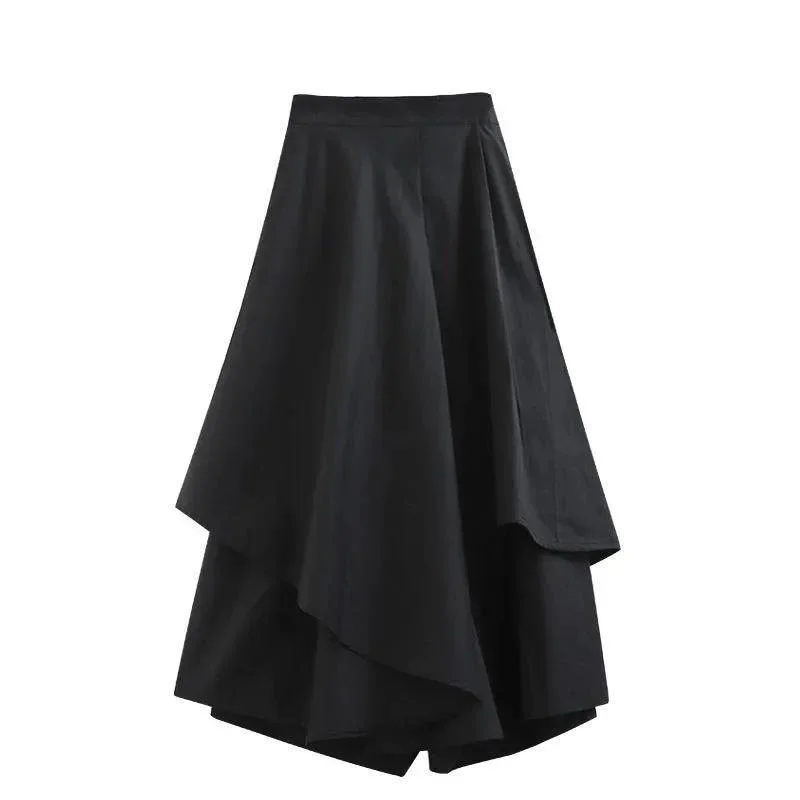 

GIDYQ Black Gothic Irregular Skirts Women Harajuku Pleated Casual A Line SkirtVintage Punk Elastic High Waist Cargo Midi Skirt