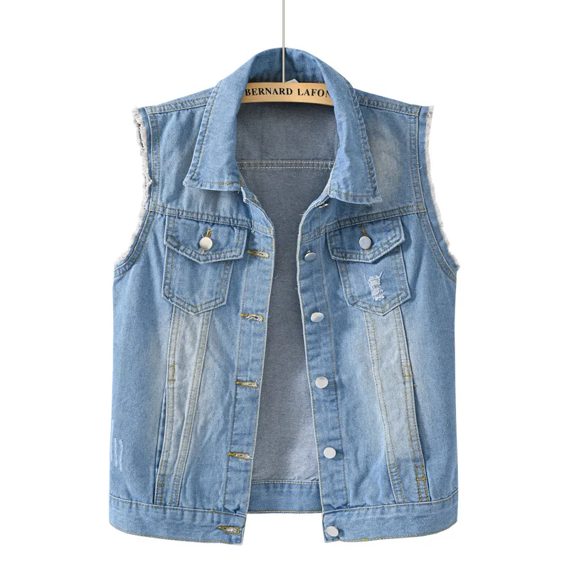 Light-colored Denim Vest for Women Short Slim-fitting Multi-colored with Raw Edges Sleeveless Raglan Perforated Vest Top