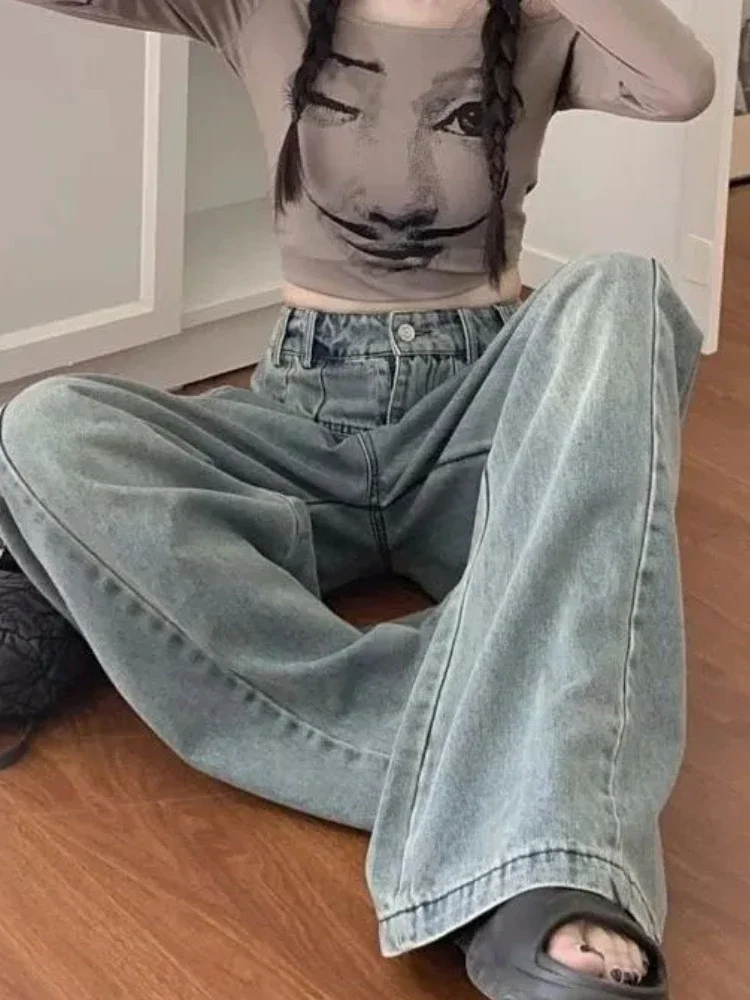 Vaqueros de pierna ancha para mujer, estilo coreano, cintura alta, ropa de calle Vintage elegante, pantalones holgados universitarios sencillos que combinan con todo