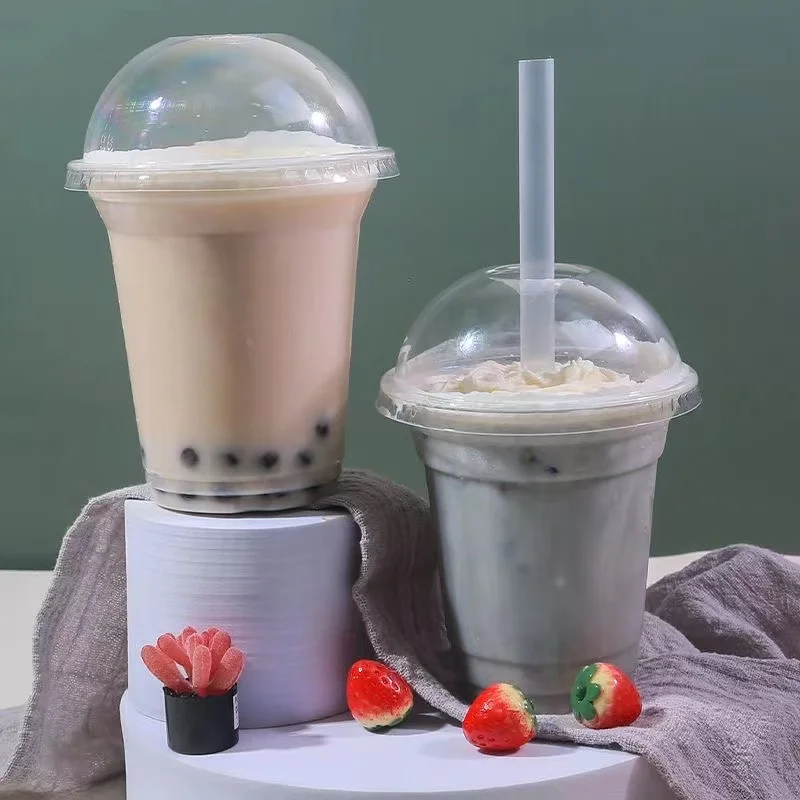 50Pcs Fruit Cups Ice Disposable Bubble Tea Cup With Lid Smoothie Disposable Cold Drinking Cup Cups Dome Lids