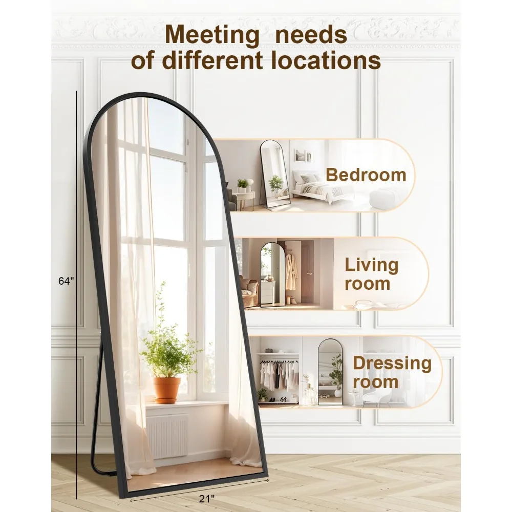 Miroir de sol arqué avec support, miroir pleine longueur 64x21, idéal pour les chambres et les salons, grand corps complet incliné ou suspendu