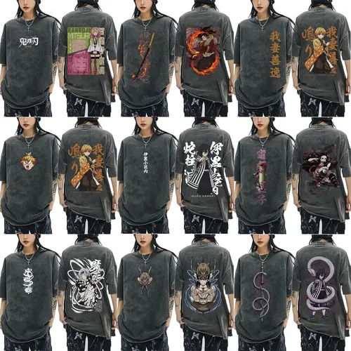 Camiseta Vintage lavada de Anime Demon Slayer para hombre y mujer, camisetas de gran tamaño a la moda con dibujos animados, camisetas informales de manga corta de algodón 100%
