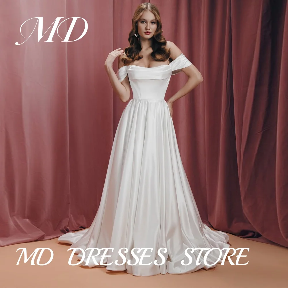 

MD Elegant Off Shoulder A-line Wedding Dress Illusion Soft Satin Bridal Gown Pleat Floor-Length Vestido De Noiva Customized 2025