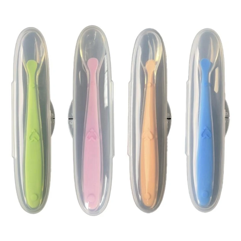 

M76C Baby Soft Silicone Spoon with Storage Box Candy Color Spoon Children Feeding Learning Training Feeder Utensils