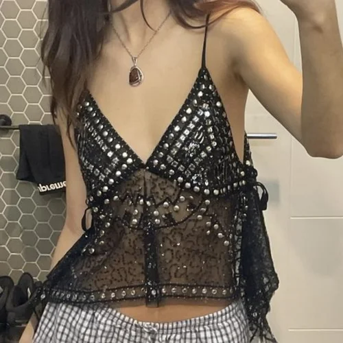 Imagen 2 del producto Camiseta sin mangas de malla con lentejuelas y remaches Y2K para mujer, Top corto con cuello en V y cuentas, camisola brillante sin mangas con espalda descubierta y purpurina