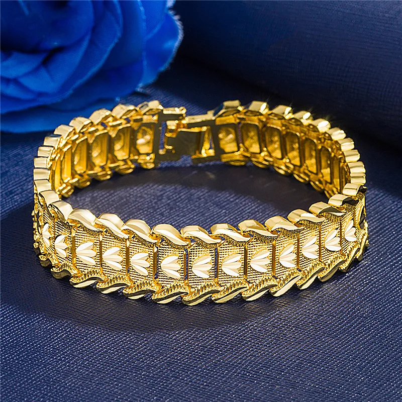 Pulsera Ancha de Oro 24K para Hombre, 21cm, Estilo Retro Europeo, Joyería Chapada en Oro con Monedas, Cadena de Reloj con Baño de Cobre, Venta al por Mayor