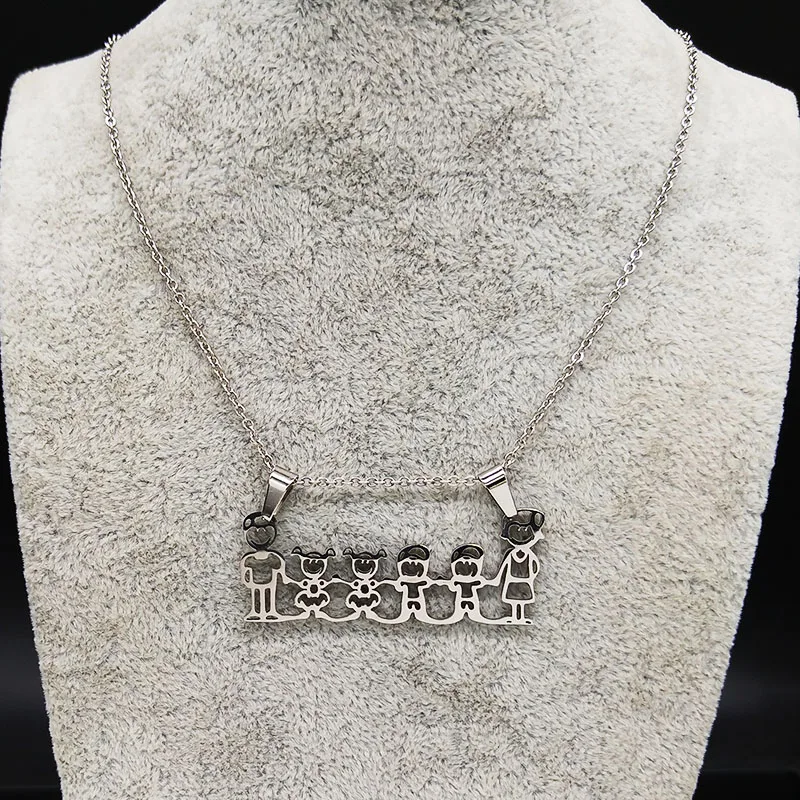 Family Mum Dad and Two Boys Two Girl Stainless Steel Statement Necklace Women Silver Color Necklaces Jewerly joyas N301S01