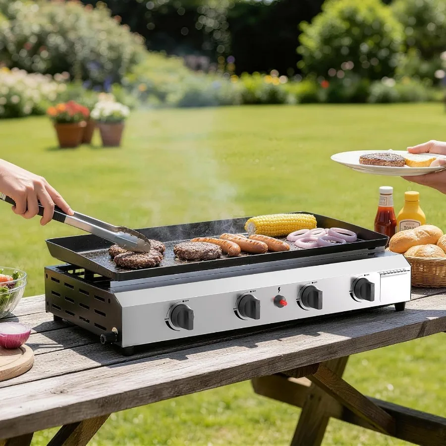 4 Burner Flat Top Grill, 30 Inch Stainless Steel Tabletop Portable Propane, 40, 000 BTU BBQ Gas Flat Grill for Outdoor BBQ