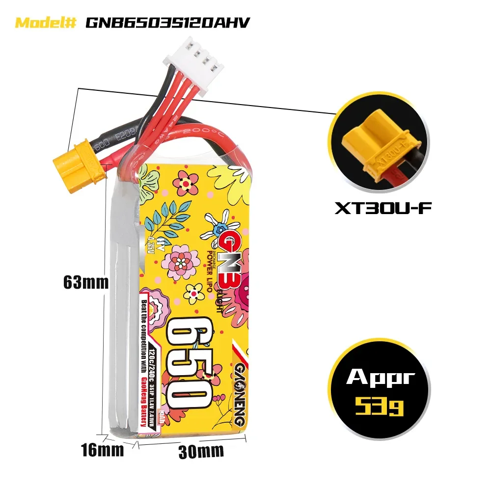 GAONENG 650mAh 3S 120C 11.4V HV LiPo Battery XT30 for 90-130mm Brushless Drones