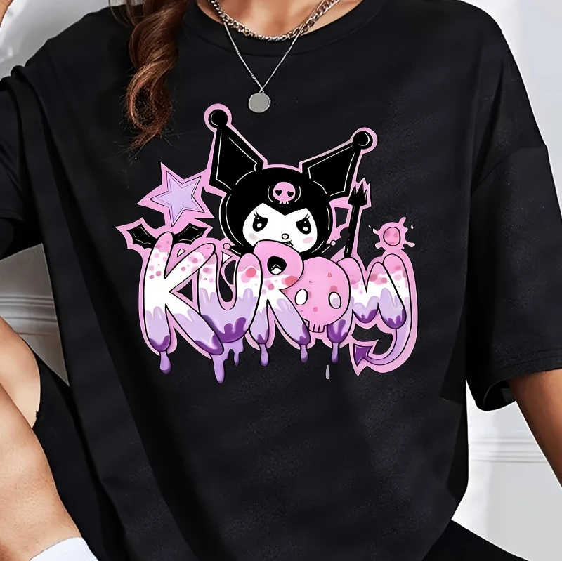2025 الصيف سانريو كورومي مرحبا كيتي لطيف الجرافيك تي شيرت المرأة لينة عادية المحملة الراقية الفاخرة هو لكل من الرجال والنساء