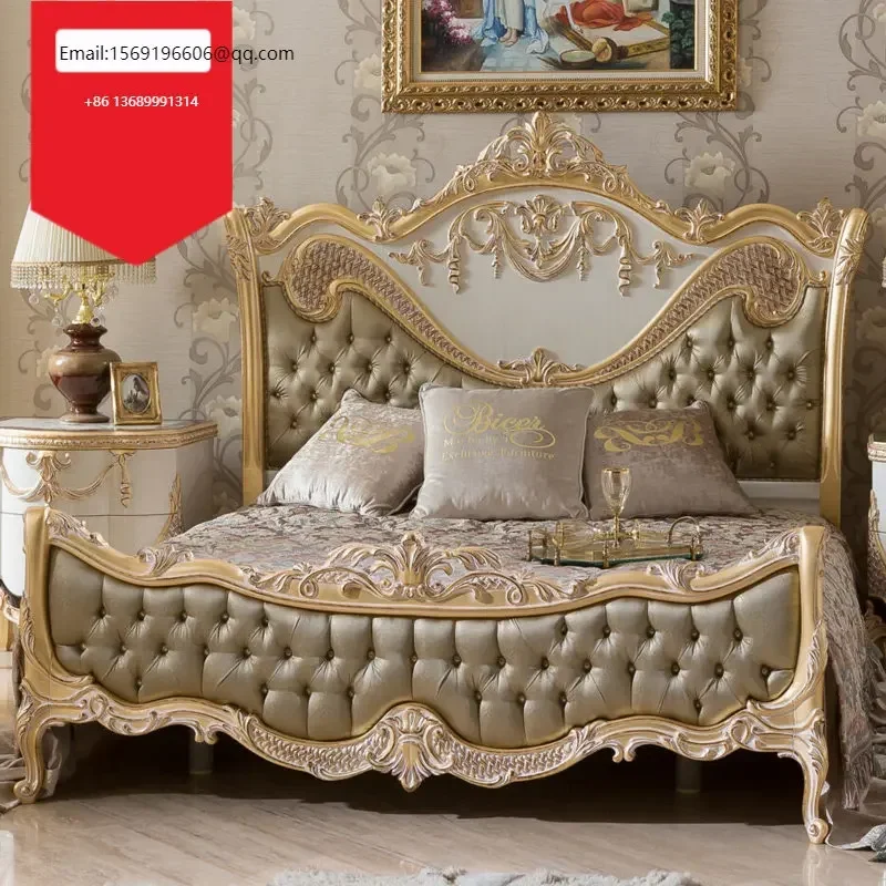 

Custom-made solid wood painted luxury double bed French palace villa with a large size of 1.8m.