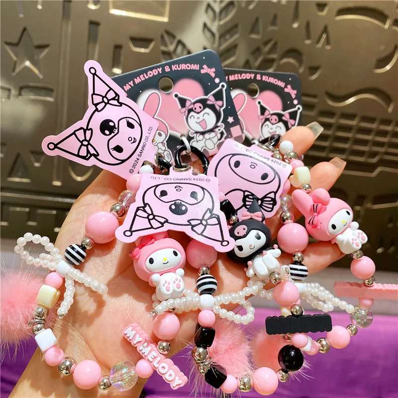 Sanrios Kuromi Mymelody Bead Mobile Phone Chain Cute Charm Phone Rope Knot Cellphone Lanyard Keychain Pendant for Earphone Case