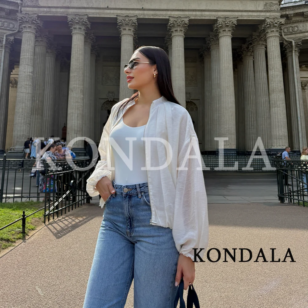 KONDALA Women Holiday Casual Pleated Jacket Chic Lightweight Zip-up Jacket 2026 Summer Trendy High Street Elegant Ladies Jackets