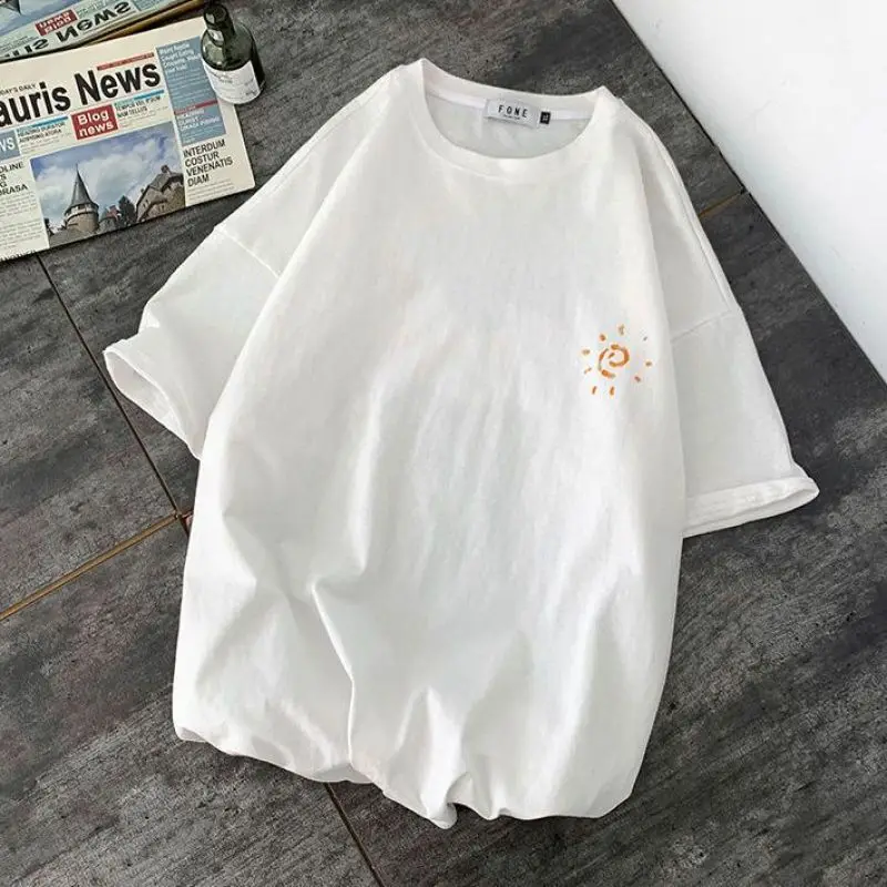 Women Summer Korean Casual Printing White Loose O-neck Short Sleeve Tee Shirt Women Clothes Simplicity Cartoon Pattern Top Tee