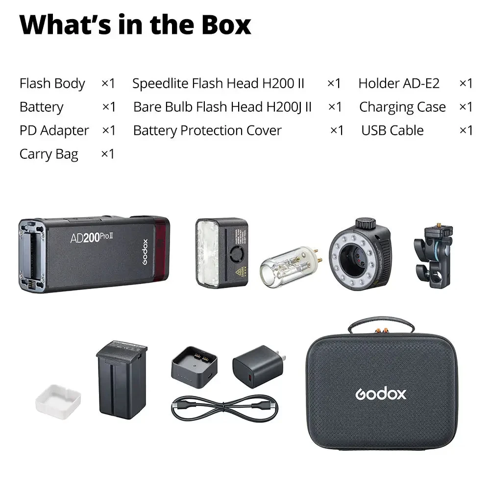 Godox AD200 pro II Flash 200Ws 1/8000 HSS 2980mAh Bateria com sistema 2.4G Wireiess X Lâmpada de modelagem bicolor Flashlight