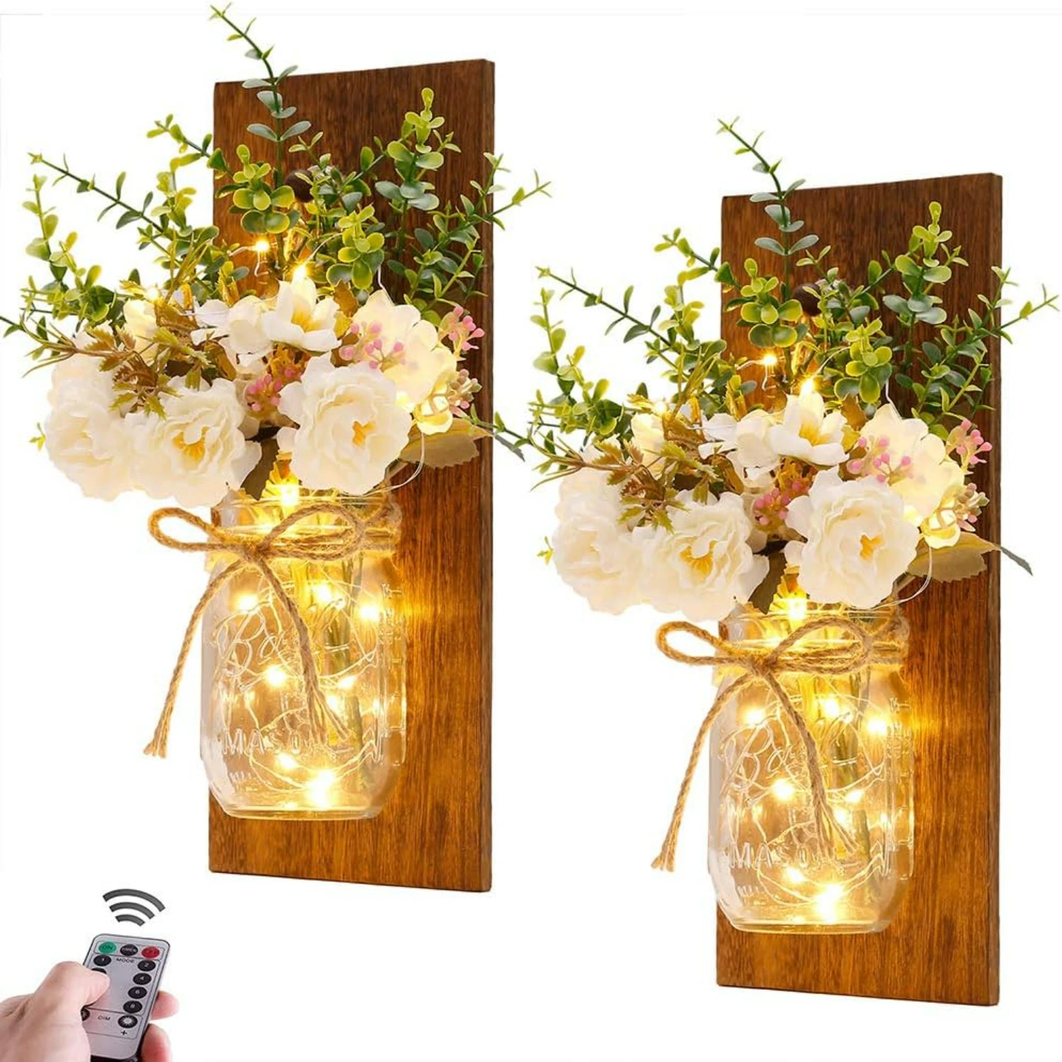 

Elegant Set of Two Hanging Farmhouse Wall Decor Mason Jar Sconces with Remote Control LED Fairy Lights - Beautiful White Roses,