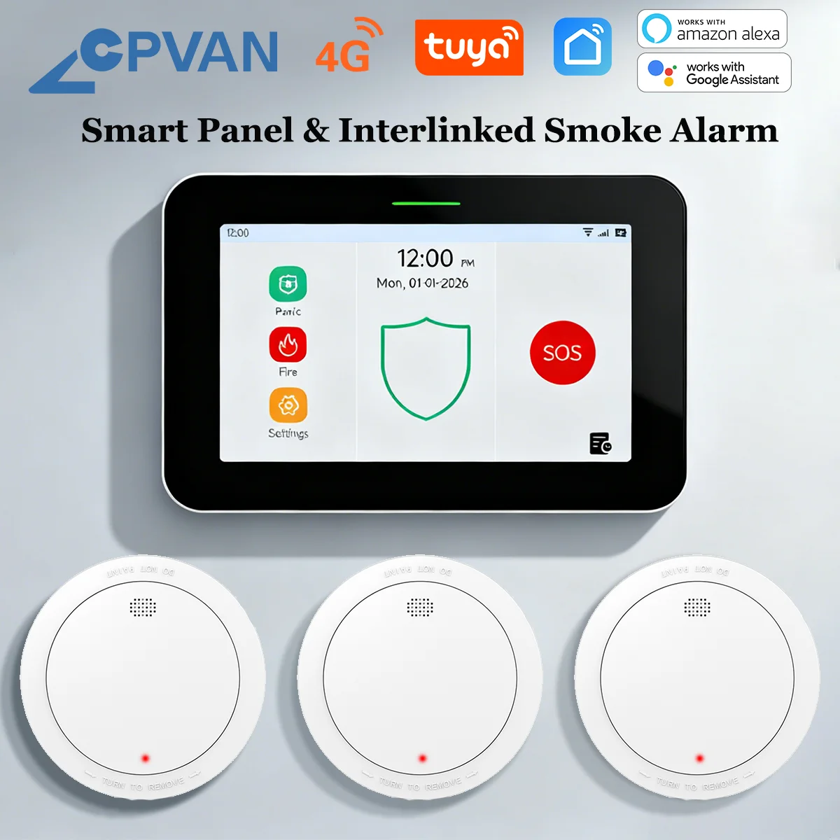 

CPVAN Interlinked Smoke Detector & 7inch WIFI 4G Smart Security Panel, 10 year battery comform with EN14604 Standard Smoke Alarm