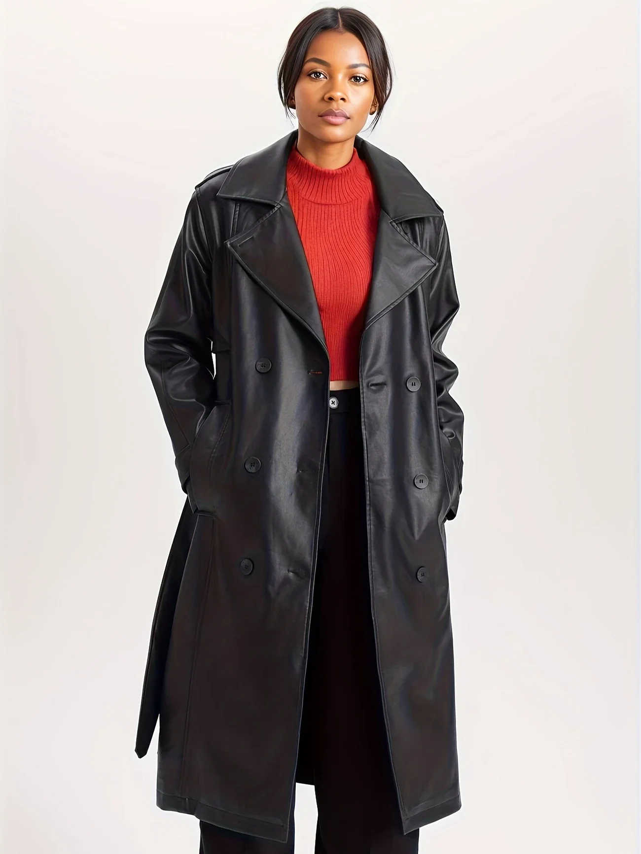 

Double Breasted Faux Leather Overcoat, Vintage Long Sleeve Lapel Pockets Outwear For Fall & Winter, Women's Clothing