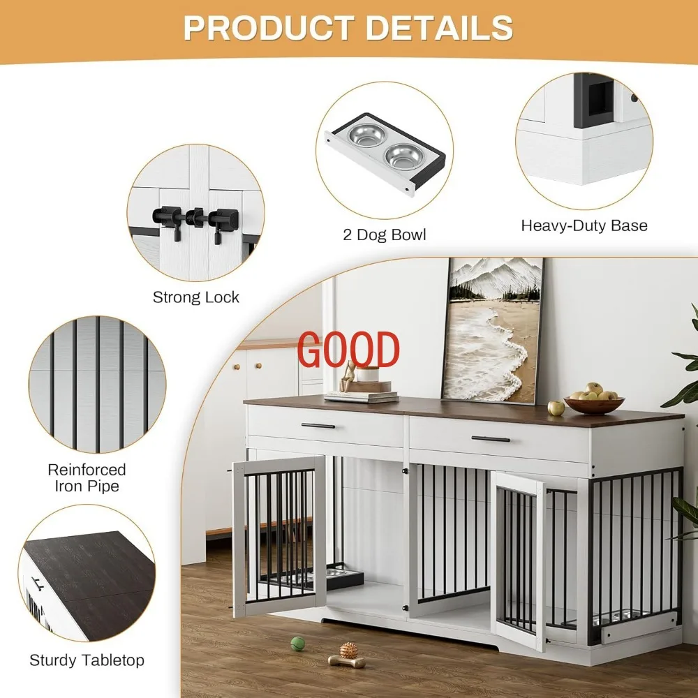 Móveis para caixa de cachorro, canil grande de madeira para cães de 72,05 polegadas com 2 gavetas e tigelas para cães, gaiola para cães com portas duplas e divisórias