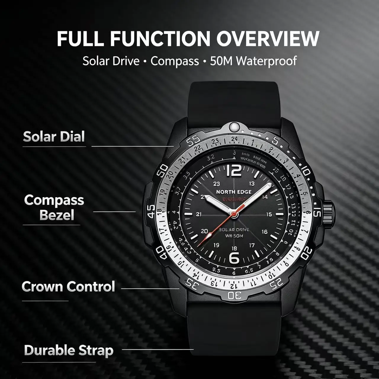 NORTH EDGE Men Solar Drive Sports Watch 50M Waterproof Luminous Hands Long‑Lasting Battery Silicone Band Diving Wristwatch