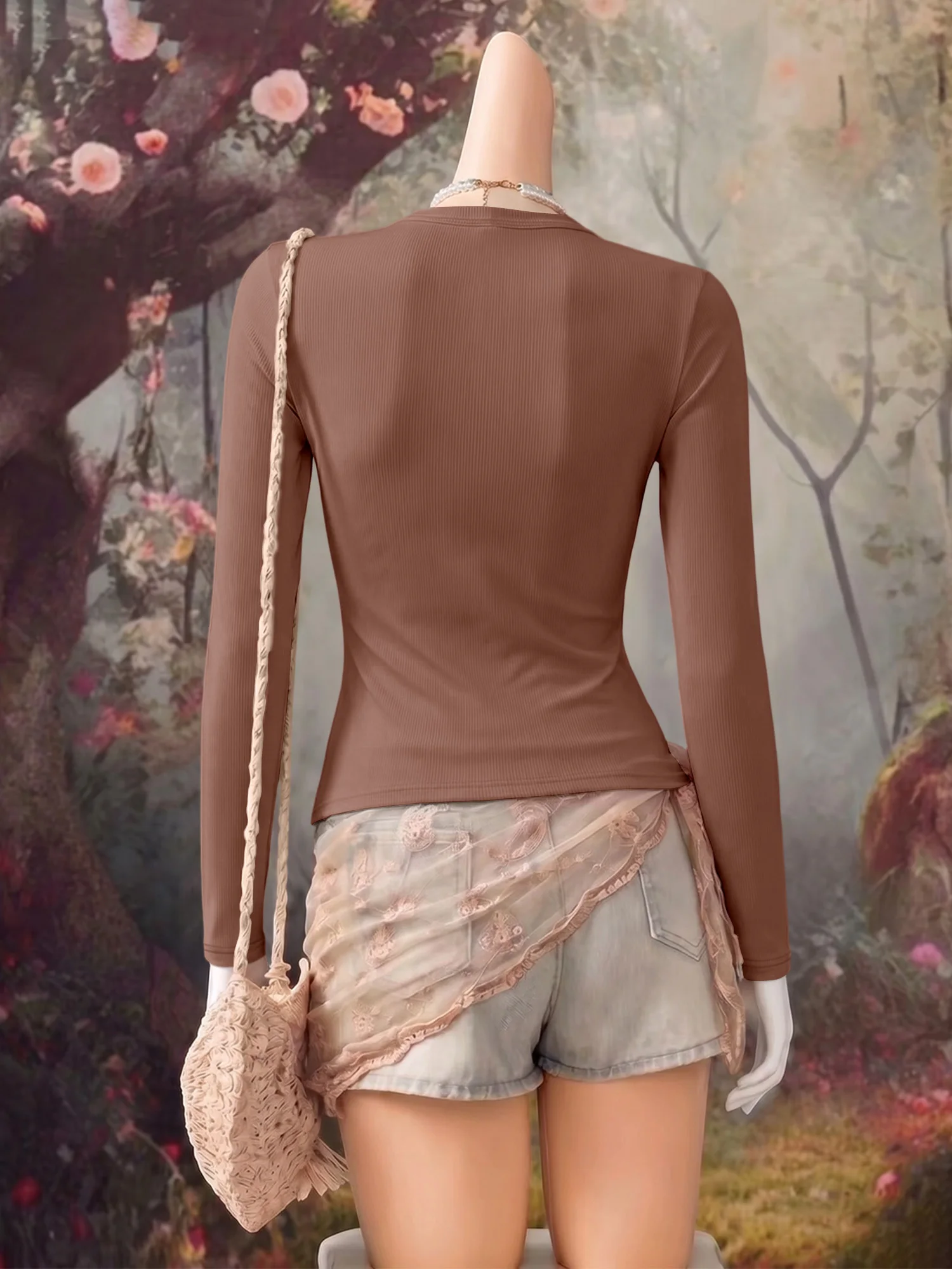 Crew Neck Ribbed Cropped Long Sleeve Top, Slim Fit Basic Tee for Retro Street Style & Date Night OOTDs