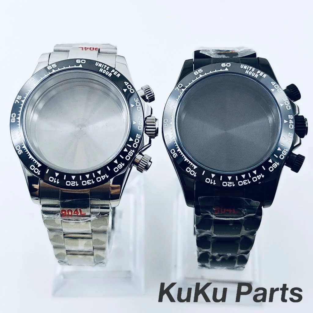 40mm VK63 Elektroplattiertes schwarzes Gehäuse, klassisches Saphirglas-Uhrengehäuse für Daytona VK63 VK64 Quarzwerk, Oyster-Armband