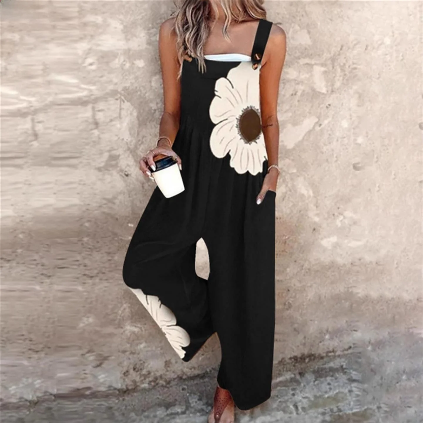 Retro Loose Fit Sleeveless Print Jumpsuit for Women Summer Fashion Long Pants Straight Cut Workwear Polyester Three-Piece Set