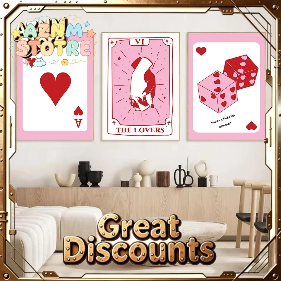 Trendy Retro Pink Lucky You Red Hearts Of Dice Playing Card Poster Canvas Painting Wall Art Pictures Valentine's Day Home Dec