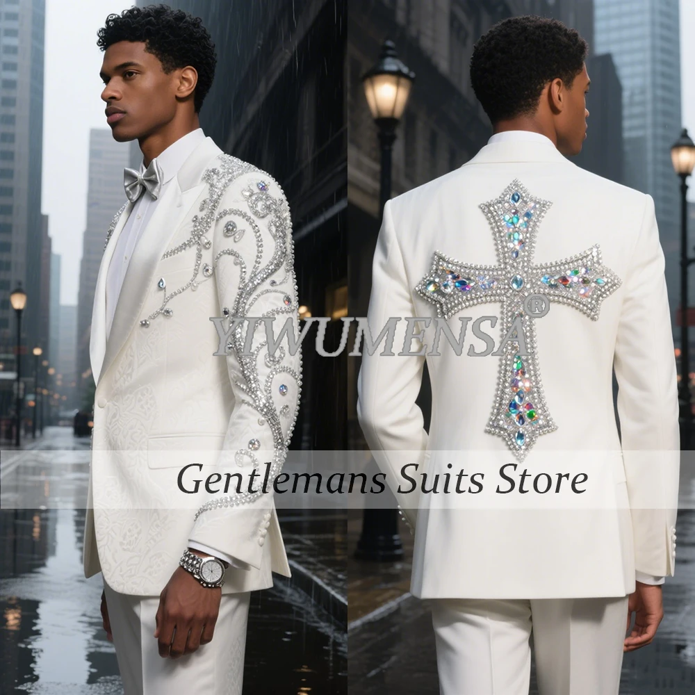 

Brilliant Diamond Beaded Suit Men 2 Pieces Sets Shawl Lapel Party Blazers Customized Groom Banquet Wedding Tuxedo costumes homme