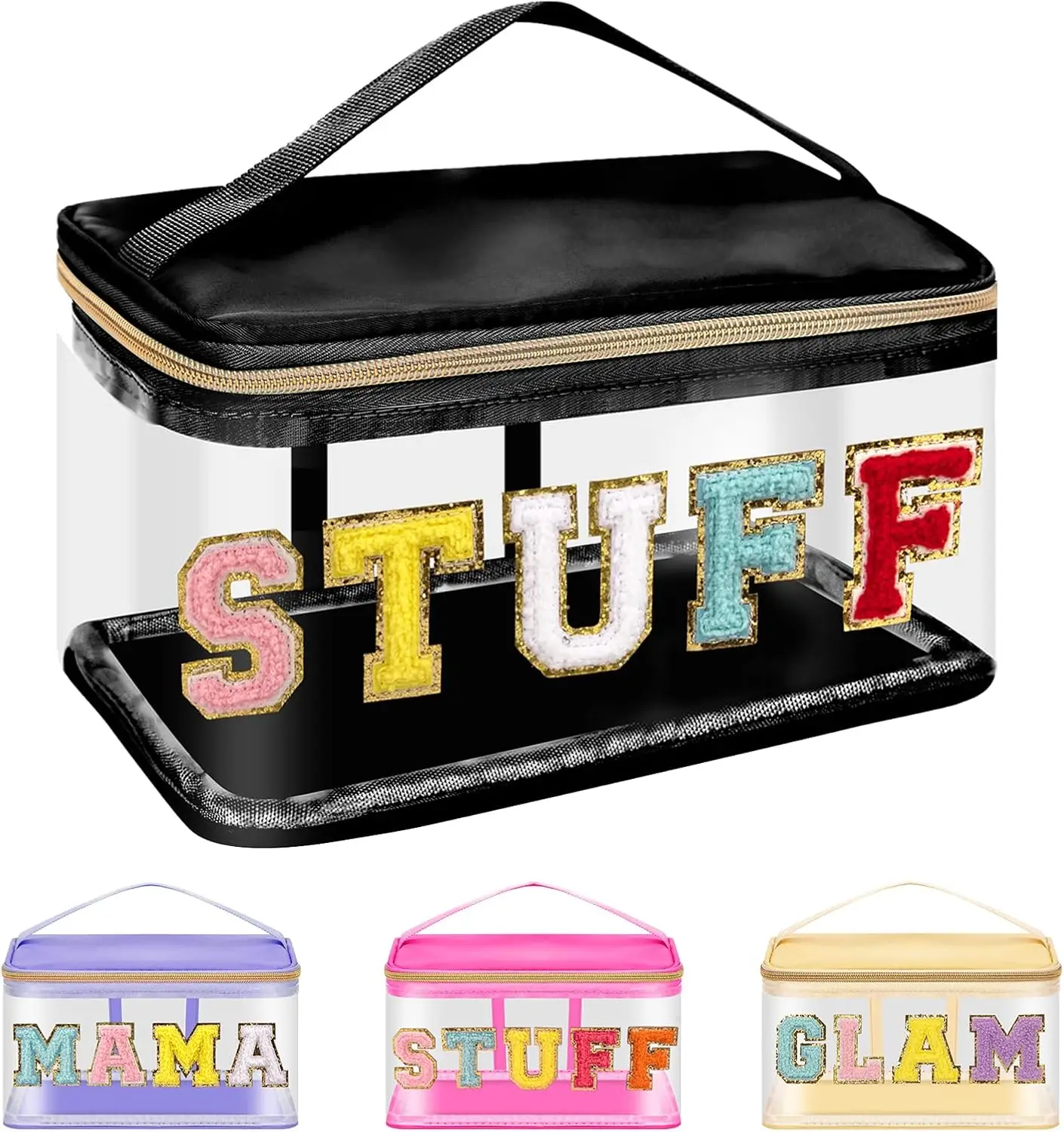 

Preppy Clear Makeup Bag with Chenille Letters, Nylon PVC Toiletry Pouch, Waterproof Travel Cosmetic Bag with Handle, Black