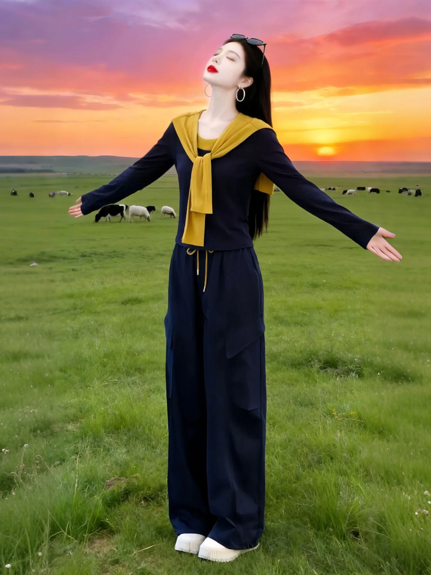 

Fashion Color Block Long Sleeve T-Shirt Wide Leg Pants Two Piece Set Spring Autumn Casual Commute Style Women's Ensemble