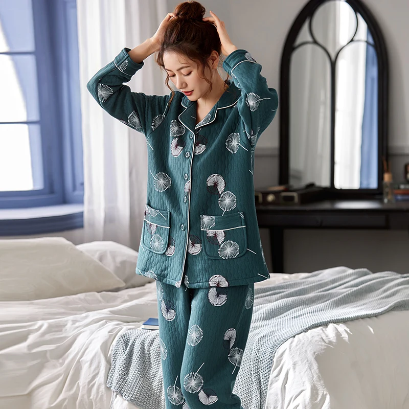 Women laminated air cotton pajamas floral pattern warm pyjamas female thin quilted suit long sleeve pijamas winter leisure wear