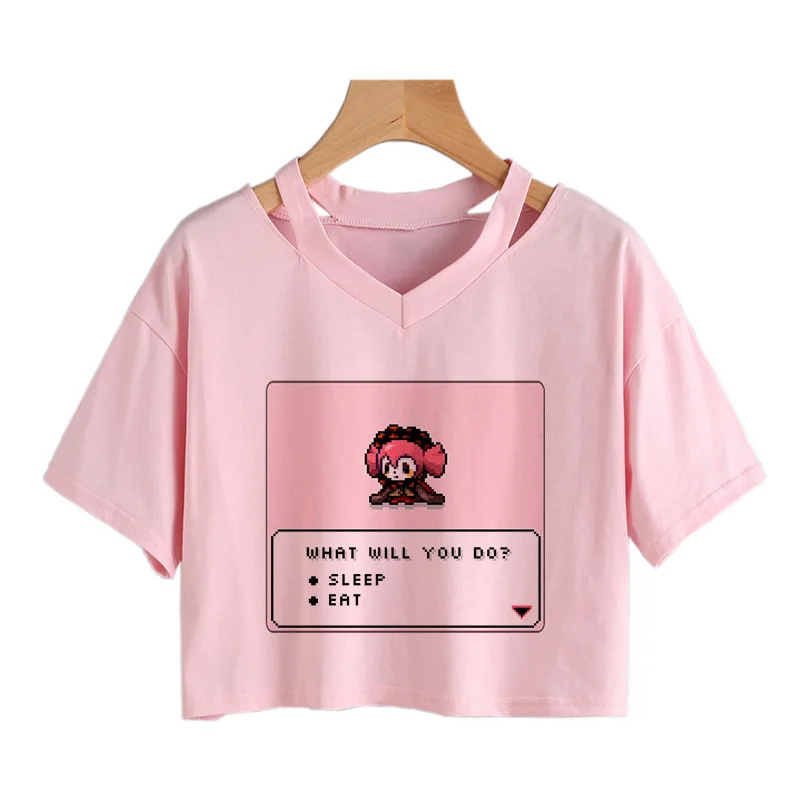 Harajuku Sommer Kawaii Mädchen Anime Print T-Shirt Damen Casual Gothic Crop Top Ästhetisches Rosa Süßes Kurzarm-Oberteil