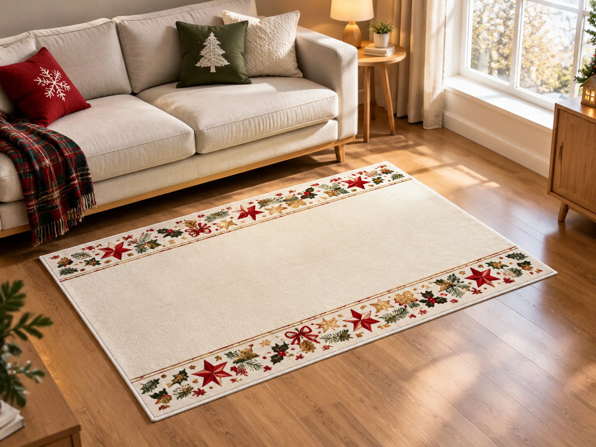 VIKAMA Christmas Forest Cream Star Flannel Door Mat, Soft Washable Xmas Door Mat, Xmas Decor for Entryway, Front Door
