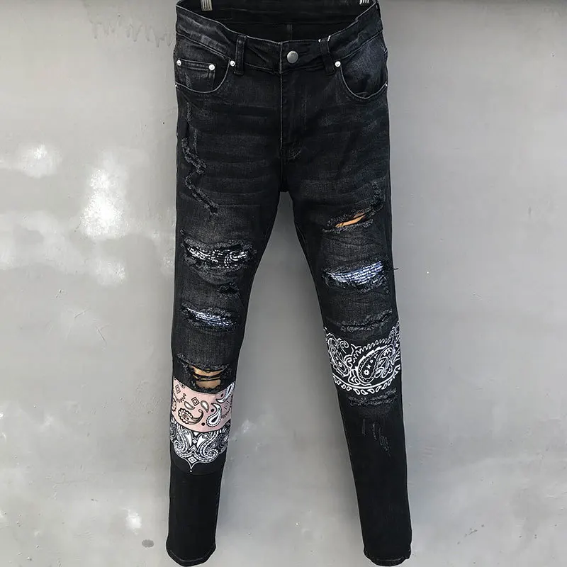 

Cashew Flowers Print Jean Hombre Motorcycle Pants 2022 Streetwear Ripped Jean Noir Homme Zipper Jean For Men Stacked Jean Hole