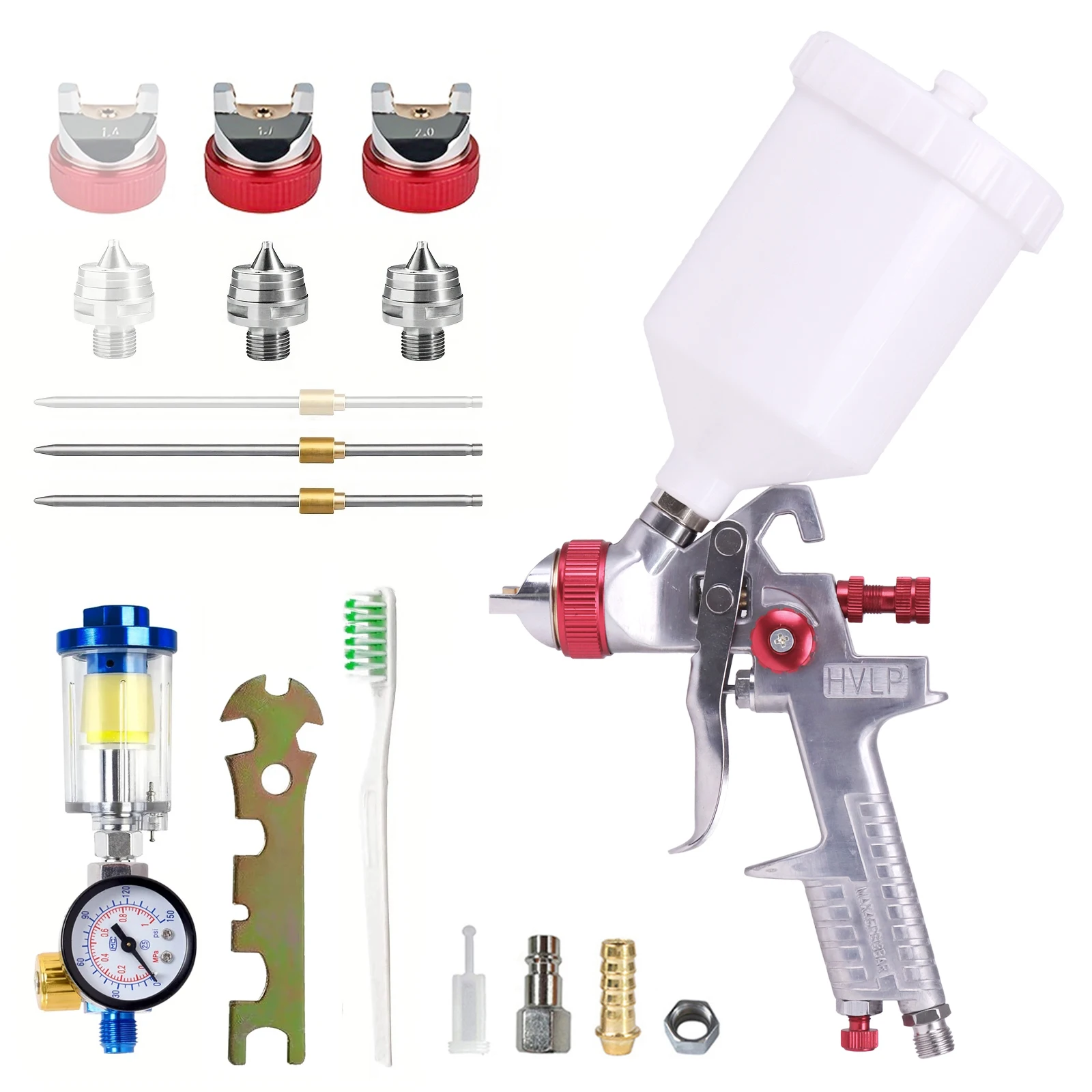 

Пневматический краскопульт HVLP 1.4/1.7/2.0 мм с регулятором давления и фильтрами, набор для аэрографии с бачком 600 мл