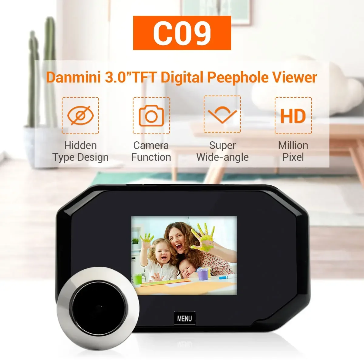 1080P Peephole Door Camera Color Screen with Door Bell LED Lights Electronic Doorbell Viewer Security with One-click Viewing