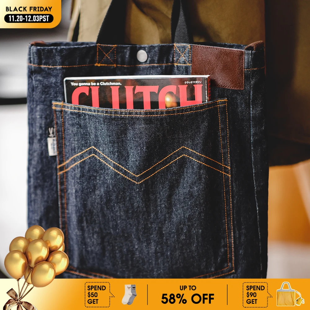 Madenデニムショルダークロスボディバッグ、デニム刺embroidery、大容量ポータブルフラットトートバッグ男性用デイリー、レトロ14オンス