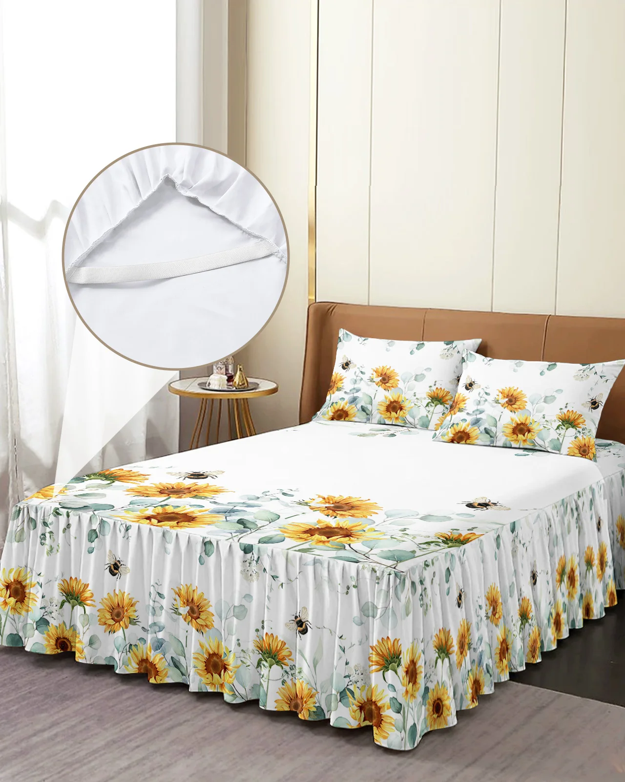 Idyllic Eucalyptus Sunflower Butterfly Bed Skirt Elastic Fitted Bedspread With Pillowcases Mattress Cover Bedding Set Bed Sheet