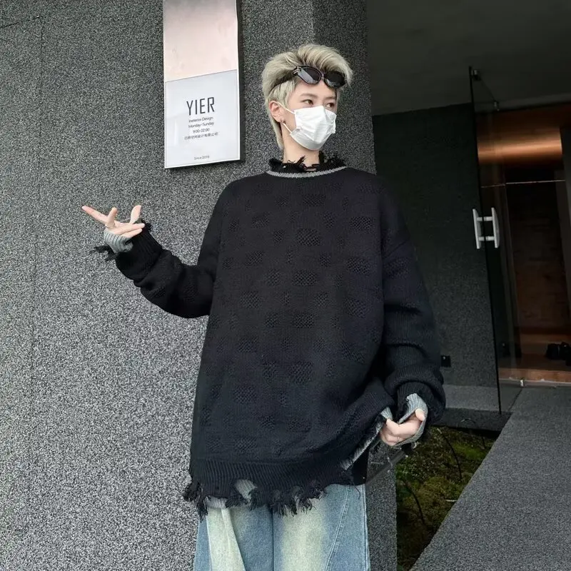 

Вязаный свитер большого размера из смесовой шерсти на осень-зиму, с цветными вставками, ажурный, модный, универсальный, из полиэфирного волокна