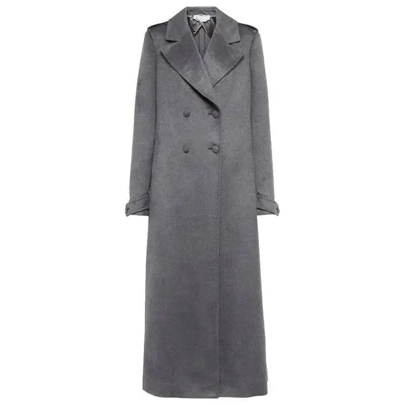 Women's Gray Woolen Warm Coat, Long Sleeve, Turn-Down Collar, Double Breasted, 10239