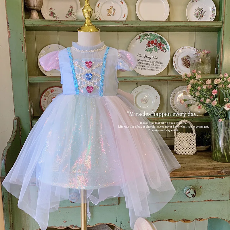 Girl's Colorful Princess Dress24Summer Children's Baby Great Diamond Sequined Mesh Dress