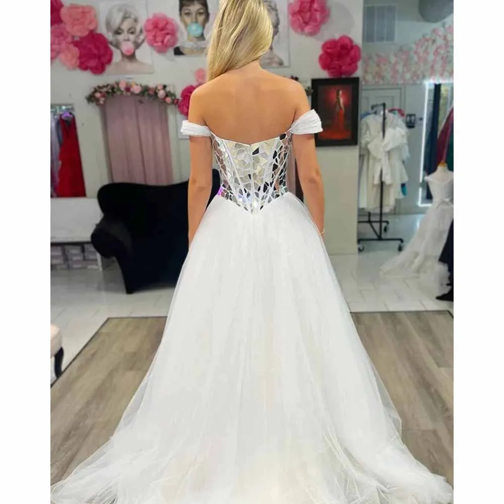 Luxury Wedding Dress Sleeveless Off the Shoulder Crystal Floor Length Chapel Train Elegant Bridal Gown A-Line Formal Occasion